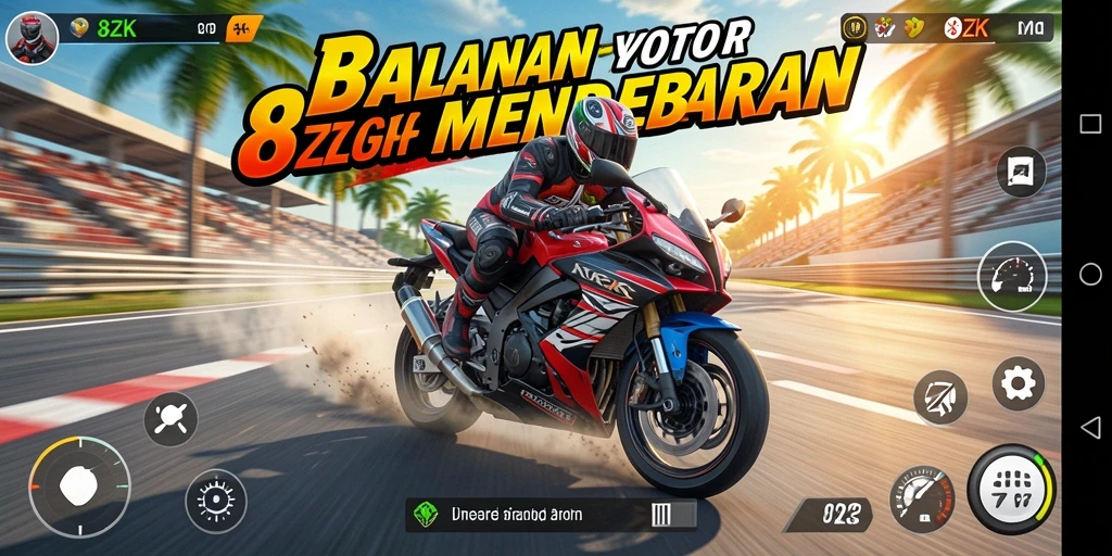 Tampilan gameplay seru dari 8ZK dengan balapan motor mendebarkan.