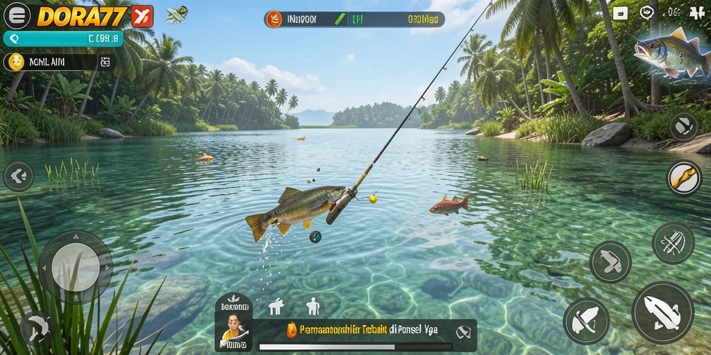 Screenshot gameplay DORA77 menampilkan momen memancing yang seru dan menegangkan.