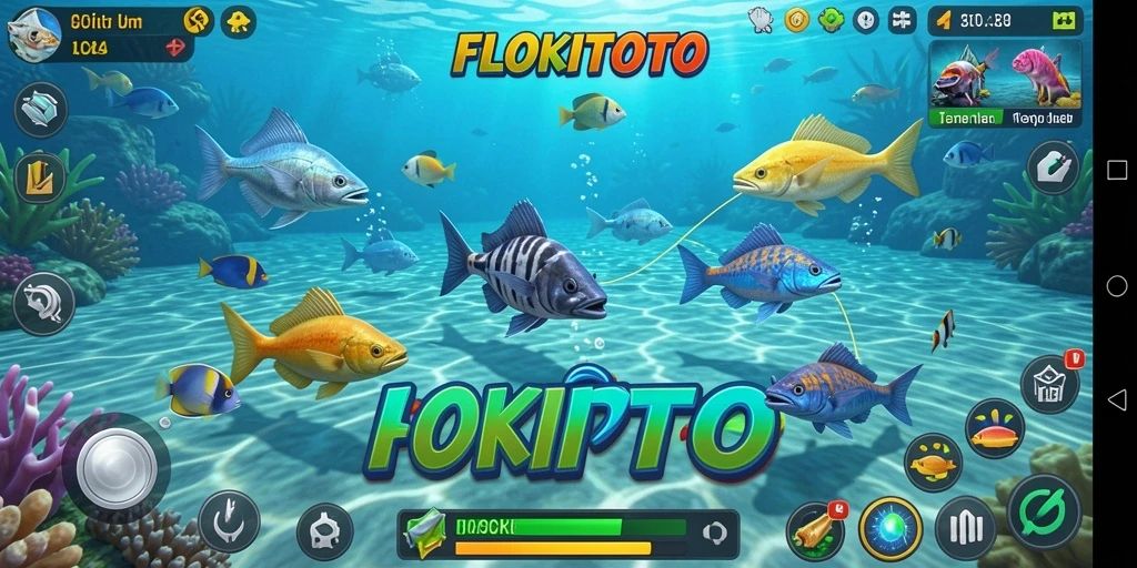 Gameplay seru dalam FLOKITOTO saat menembak ikan berwarna-warni.