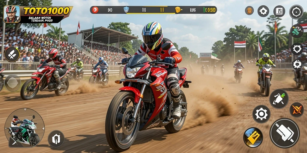Tangkapan layar dari gameplay seru TOTO1000 saat balapan motor.
