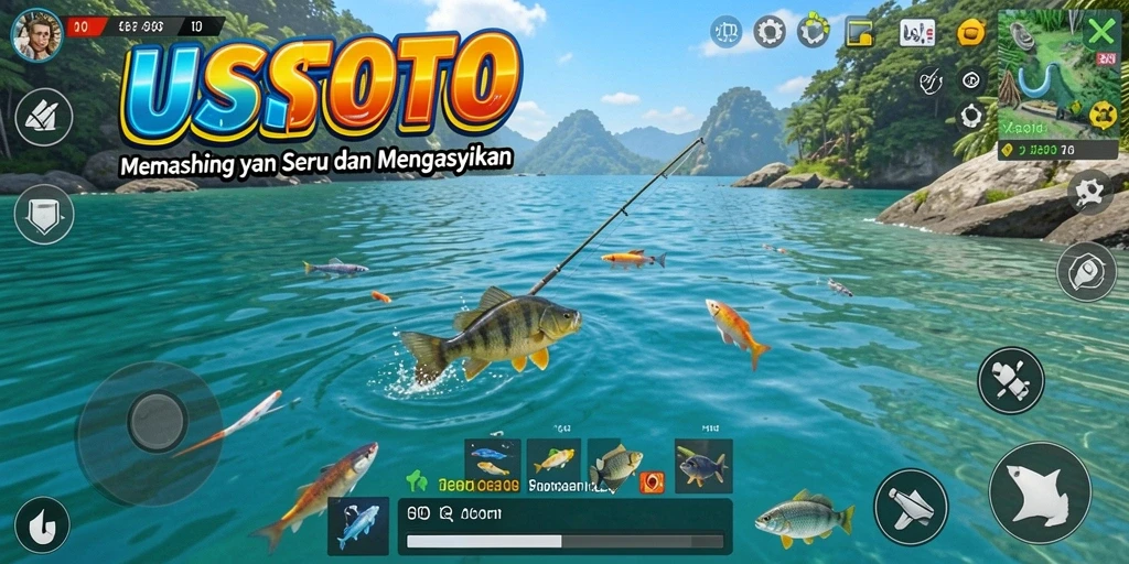 Screenshot UUSTOTO menampilkan pemain yang memancing dalam suasana yang indah.